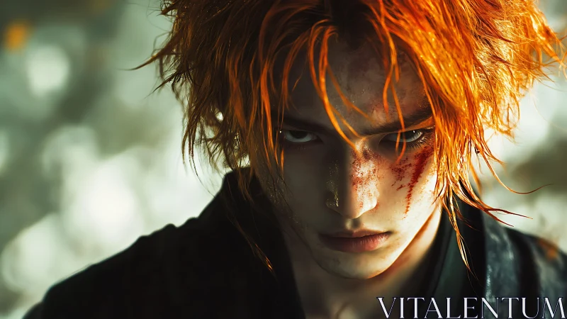 Bloodied warrior portrait with intense fiery gaze.