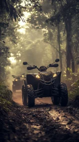 All-terrain quad bikes driving on muddy forest trail.