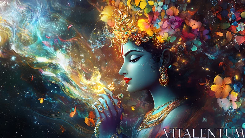 Digital portrait shows blue-skinned figure amid cosmic floral field