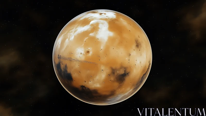 Rust-colored planet orbits silently in dense star field