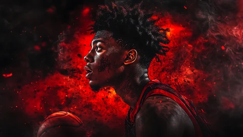 Digital portrait of basketball player in fiery red smoke.