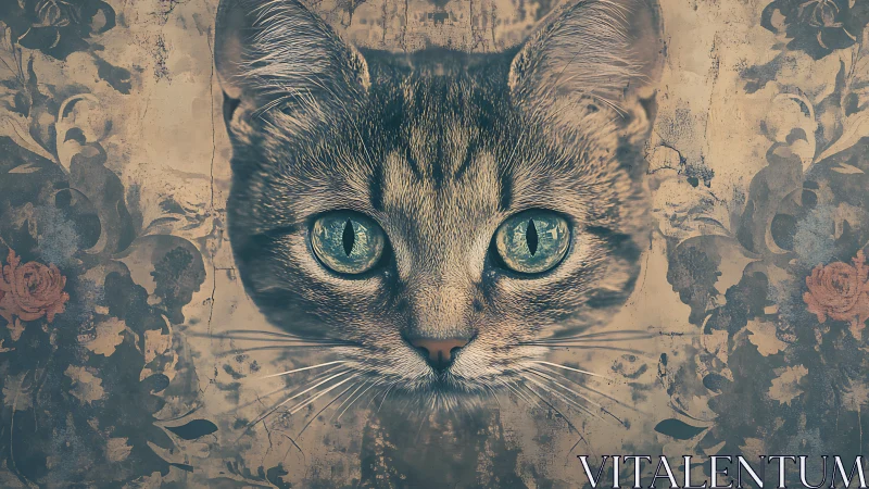 Feline portrait displayed against ornamental distressed background surface.