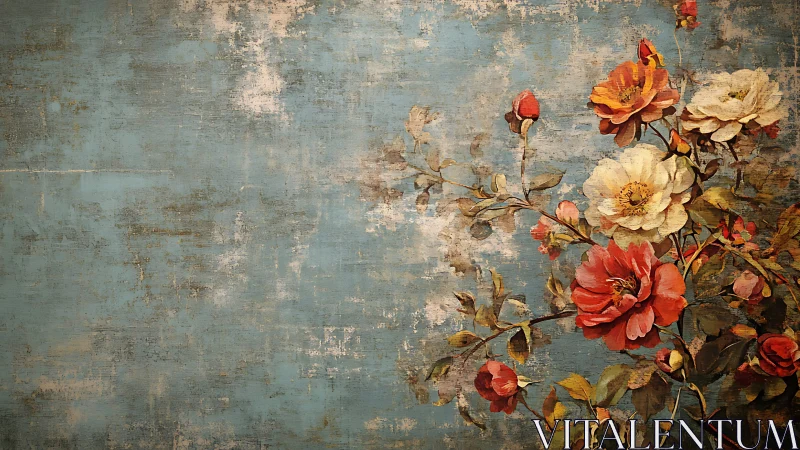 Weathered blue wall with detailed vintage floral mural painting