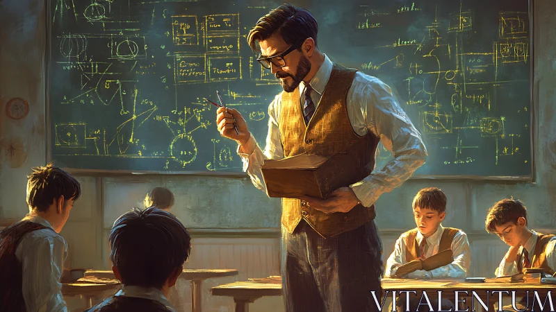 Vintage classroom scene captures focused learning moment.