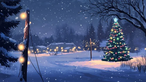 Snowy village Christmas lights glowing in the quiet night.