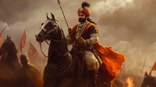 Mounted warrior commander in storm-lit battlefield panorama.