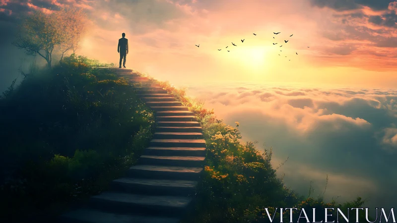 Solitary dreamer climbs a sunrise staircase above clouds.
