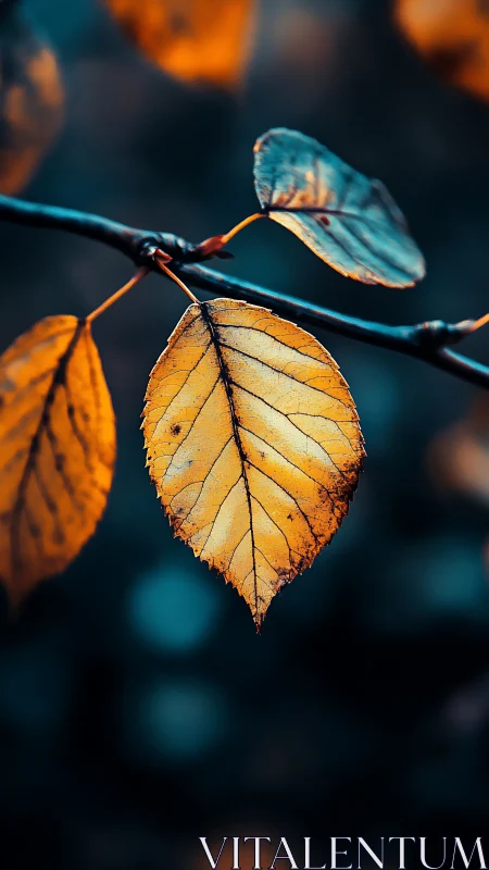 Autumn leaf macro glows against cool teal bokeh background.