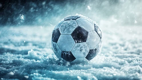 Frozen soccer ball in dynamic high-contrast winter field scene.