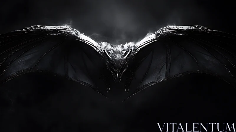 Shadowed metallic bat spreads its wings in stormy darkness