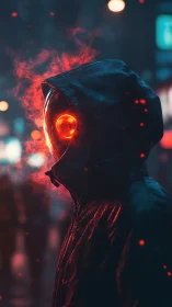 Lone cyber hooded figure glows gently in neon night air