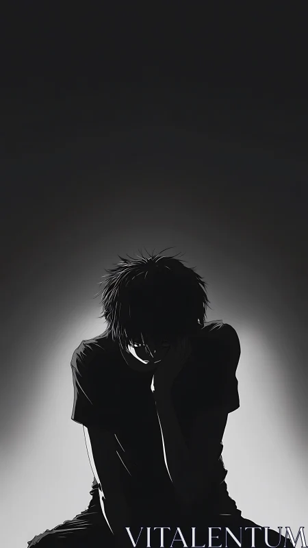 Midnight thoughts press heavy as a lone figure folds inward