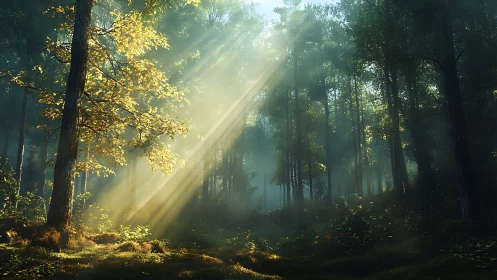 Forest landscape with diffused sunlight through trees.