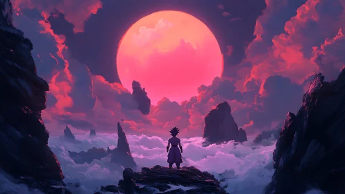 Lone dreamer beneath a colossal crimson fantasy moon.