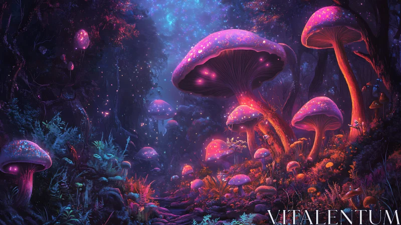 Bioluminescent forest mushrooms emit neon magenta rim light and spore glow