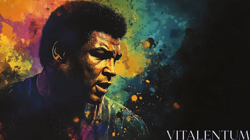 Color-splashed boxer portrait glows against dark void.