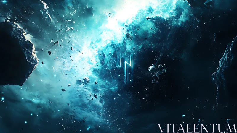 Luminescent cosmic nebula divides asteroid field in deep space