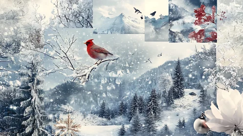 Scarlet cardinal in layered alpine winter collage panorama.