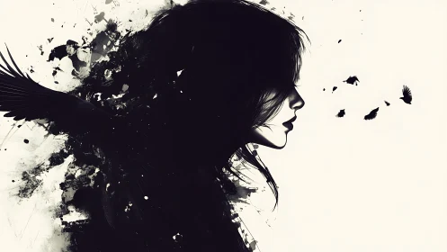Monochrome ink portrait with abstract raven dispersion effect.