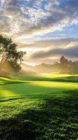 Sunrise fairway hush over dew-bright rolling greenscape.