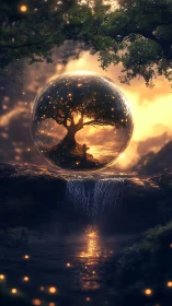 Luminous forest tree cradled in a floating crystal sphere.