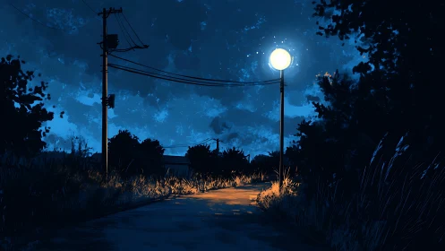 Lonely roadside lamppost bathes a quiet night path in gold.