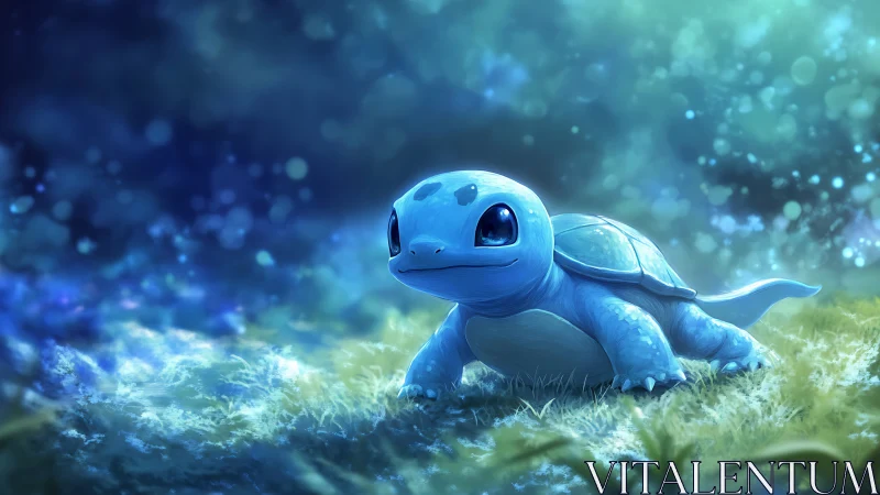 Gentle blue turtle strolls through a glowing fantasy meadow.