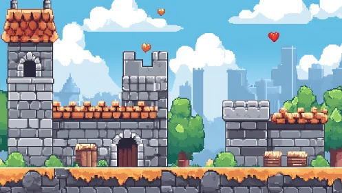 Side-scrolling pixel castle level with trees and heart icons