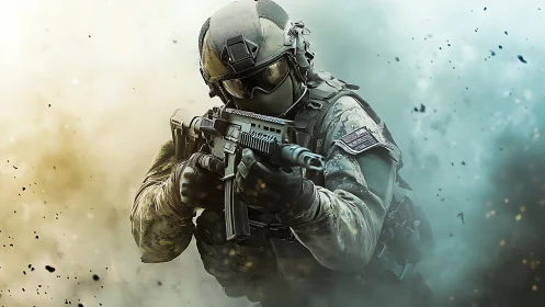 Heavily armored soldier advances through explosive dust cloud