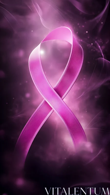 Pink awareness ribbon glows within swirling violet haze.