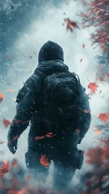 Hooded trekker in snowstorm amid red autumn foliage, rear view.