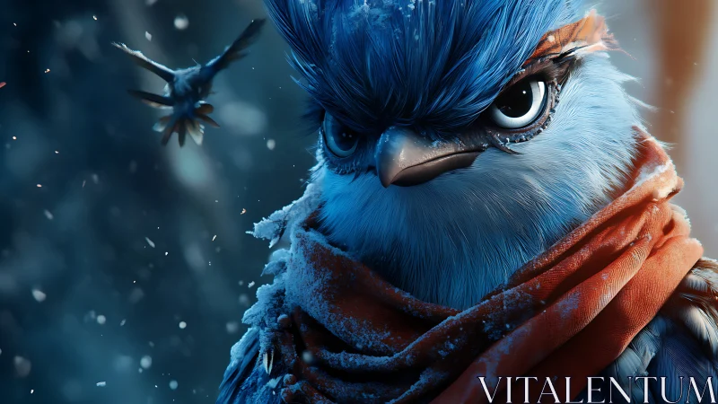 Fierce Bluebird in Snowy Scarf, Cinematic Winter Fantasy Art.
