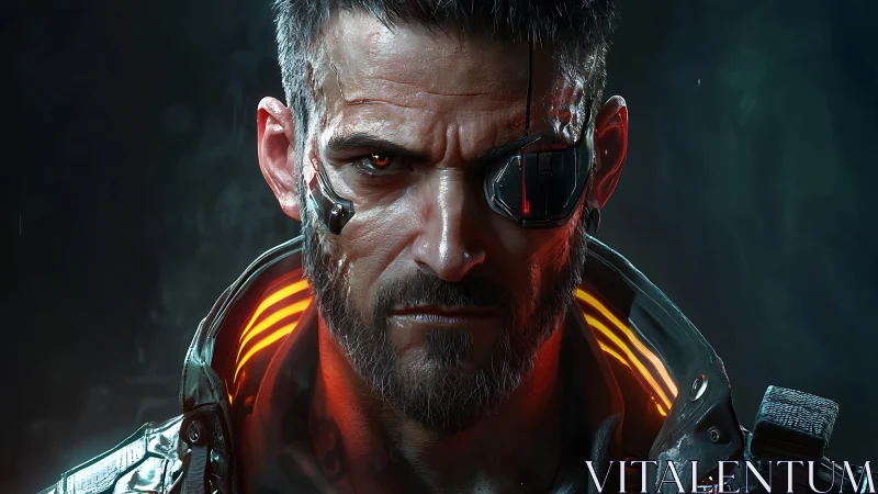 Cybernetic loner with glowing collar and guarded stare.