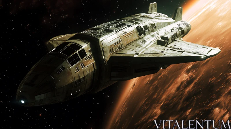 Angular starship glides past luminous planet in deep space