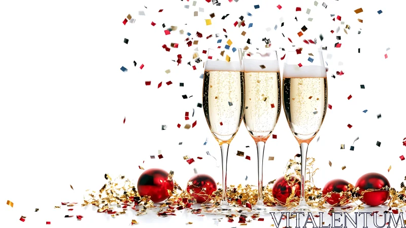 Champagne flutes stand amid falling confetti and ornaments