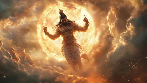 Divine warrior ascends through radiant celestial vortex.