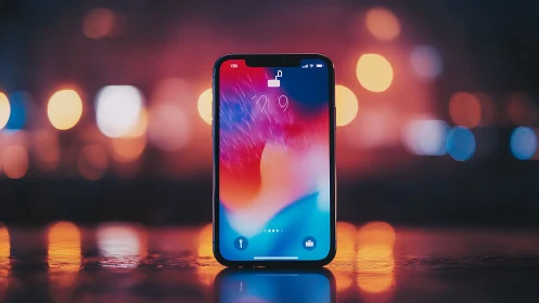 Modern Phone Glows Against Dreamy City Lights.