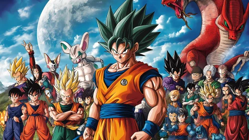 Legendary anime heroes gather under a glowing full moon.