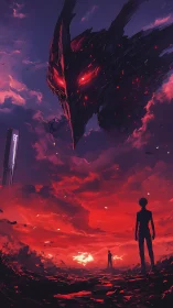 Colossal dark entity looms over two figures at dusk.