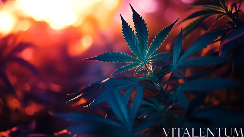 Photorealistic cannabis foliage under neon dusk backlight.