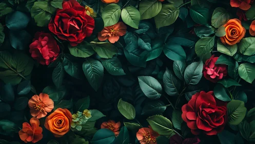 Lush Garden Composition with Red and Orange Blooms.