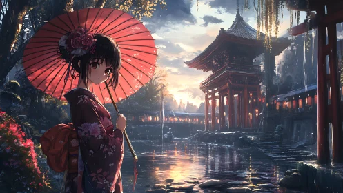 Kimono girl holds red umbrella beside tranquil shrine pond