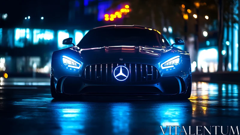 Mercedes performance coupe under neon city night lighting.
