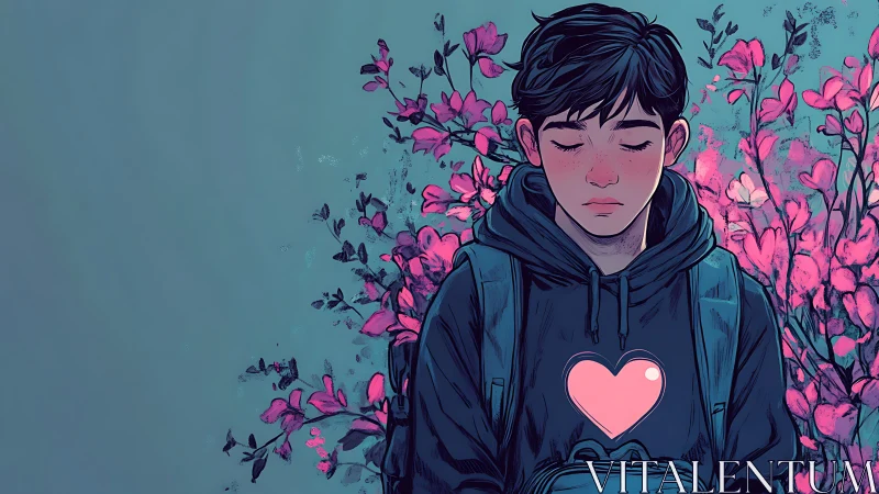 Boy in hoodie with heart icon amid pink flowering plants.