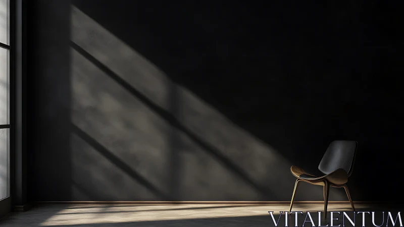 Minimalist black chair in dramatic window light interior.