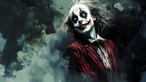Sinister clown portrait in striped suit amid smoky chaos.