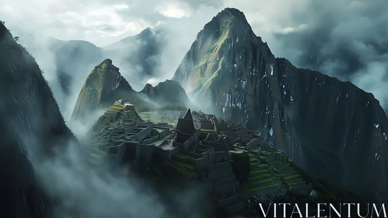 Misty mountain citadel wrapped in clouds and quiet light.