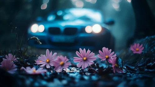 Pink flowers lie on wet ground before blurred car headlights