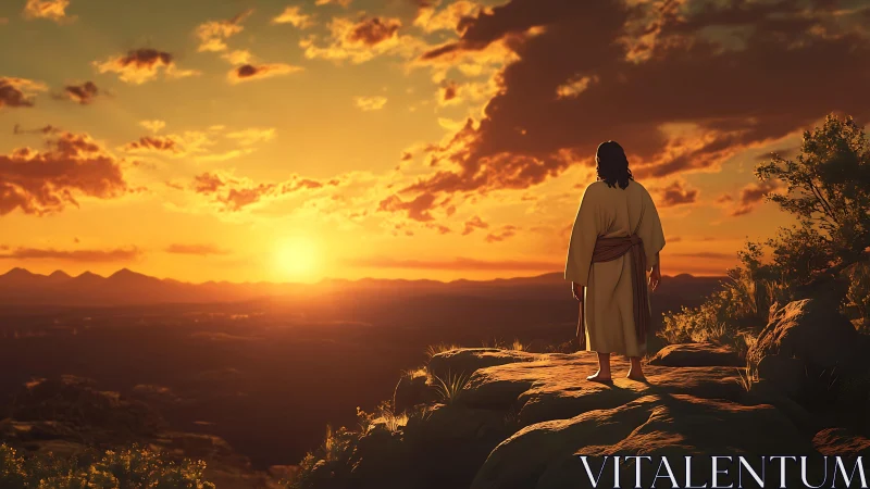 Solitary robed figure on rocky overlook at sunset horizon.