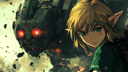 Elf-like character stands before large combat mech unit